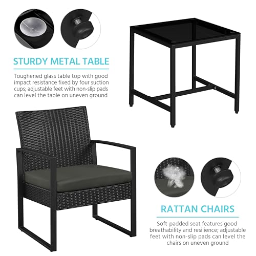 3 Pieces Rattan Bistro Set with Tempered Glass Coffee Table M120