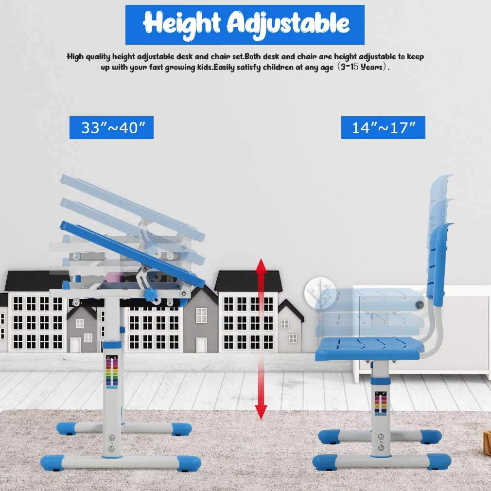 Kids Desk and Chair Set with Tilt Desktop, Height Adjustable, Storage Drawers, Blue M9875