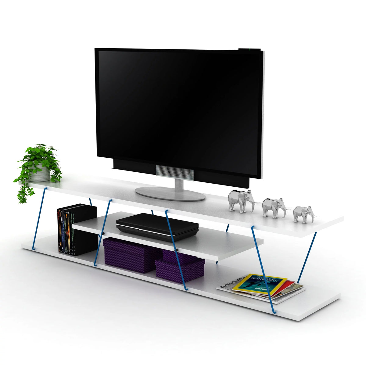 White Blue 4 Shelf 56 inch TV Stand H47955