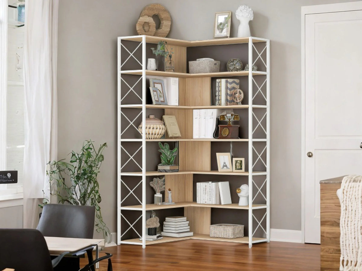 L-Shaped 7-Tier Bookshelf with Metal Frame O708354