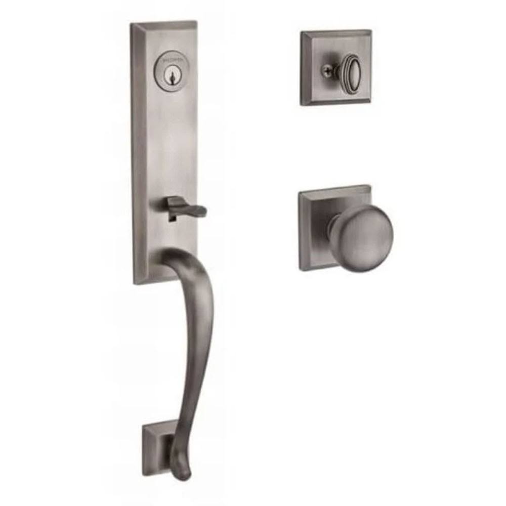 Matte Antique Nickel Single Cylinder Handleset with Round Door Knob and Square Rose U427
