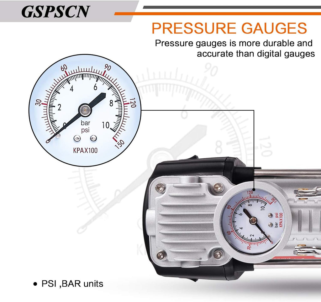 Portable Tire Inflator Double Cylinder Air Compressor Pump with LED Light, 150 PSI Metal Tire Pump with Locking Air Chuck Z9022