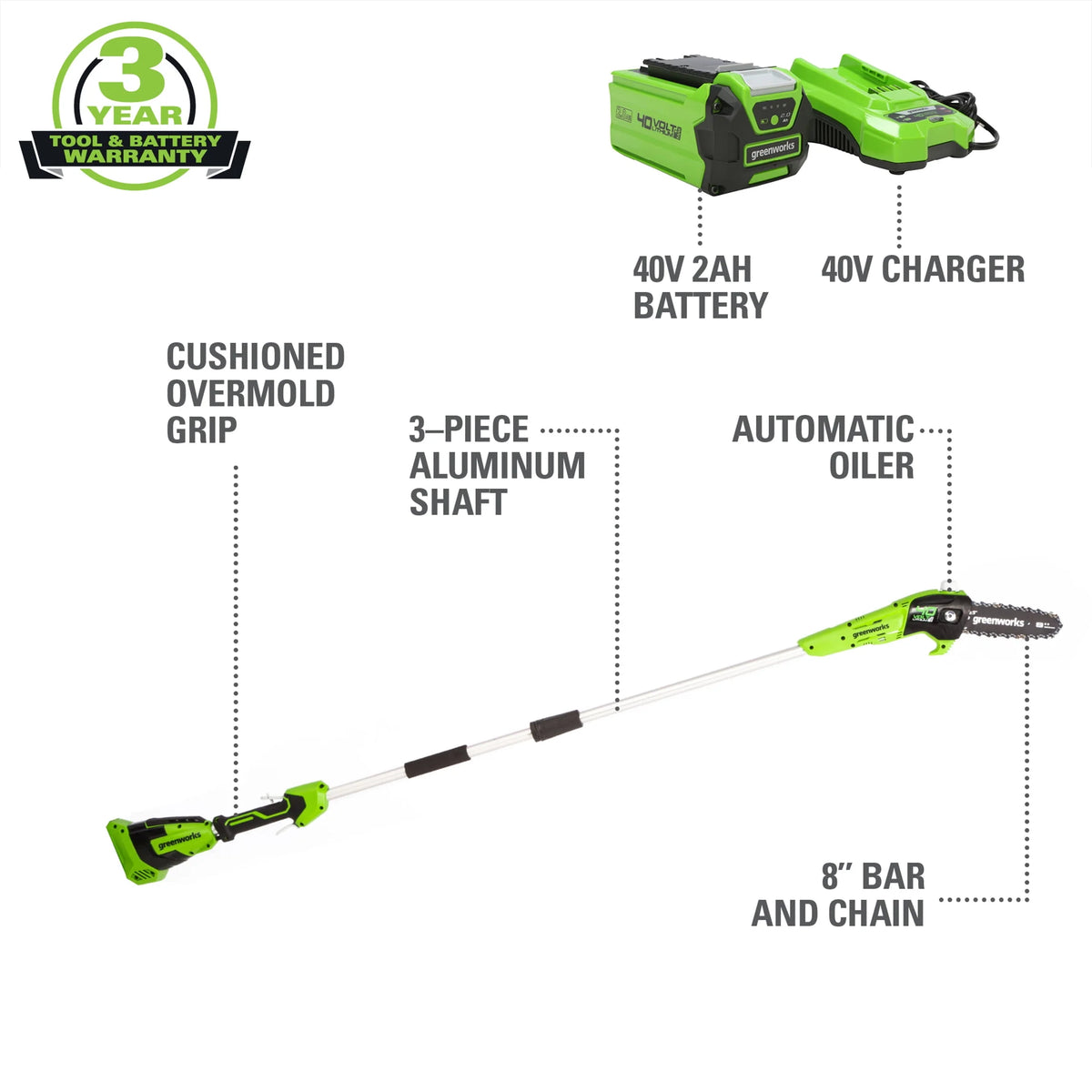 40V Cordless Pole Saw with 2.0 Ah Battery and Charger Q1884