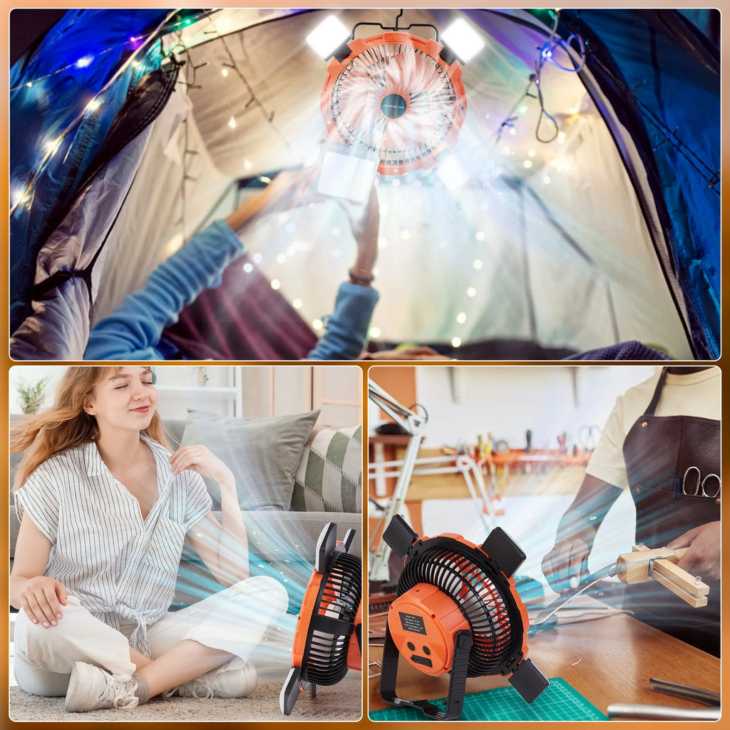 Portable Camping Fan with 4 LED Lantern, 9 inch 8000mAh USB Rechargeable Tent Fan with Remote N2953