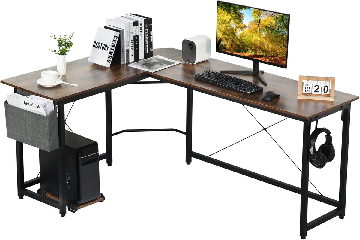 White L Shaped Computer Desk with Storage Bag and Monitor Stand B694