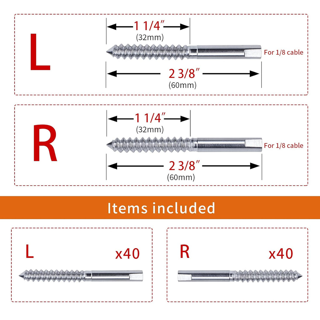 80Pack 1/8 T316 Stainless Steel Swage Lag Screws Cable Railing Hardware Kit Q83357