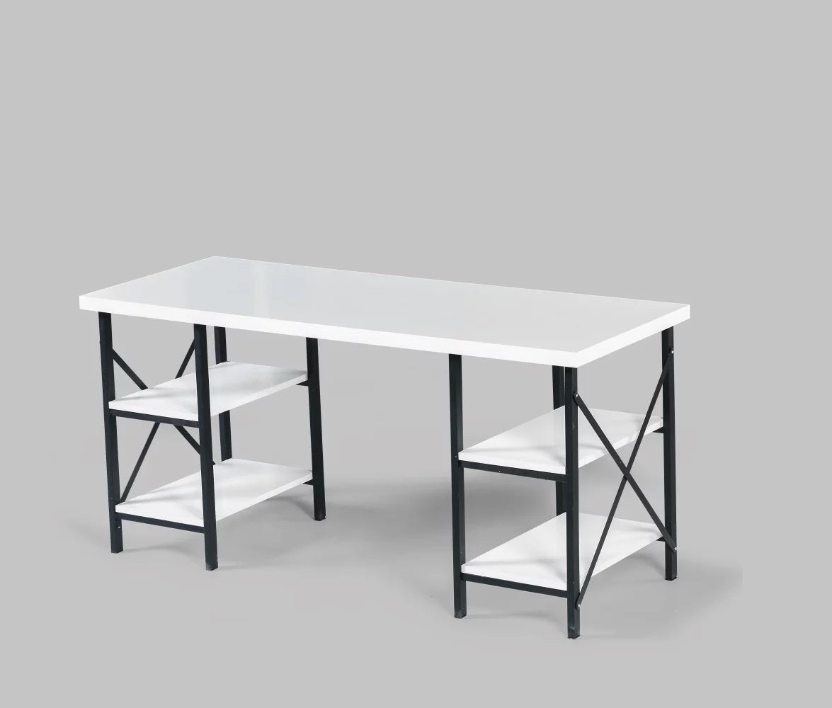 White 4 Shelves Metal Frame Wood Top Writing and Computer Desk D139144