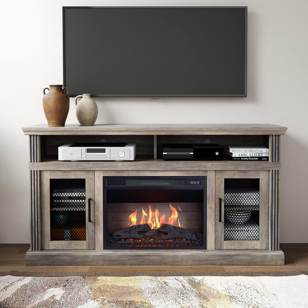 3D Fireplace TV Stand with 6 Storage Shelves & Barn Door R62465