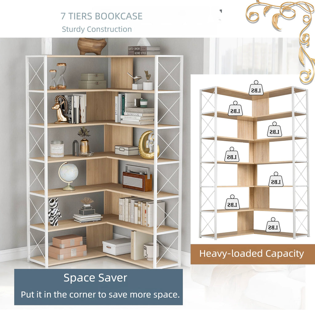 L-Shaped 7-Tier Bookshelf with Metal Frame O708354