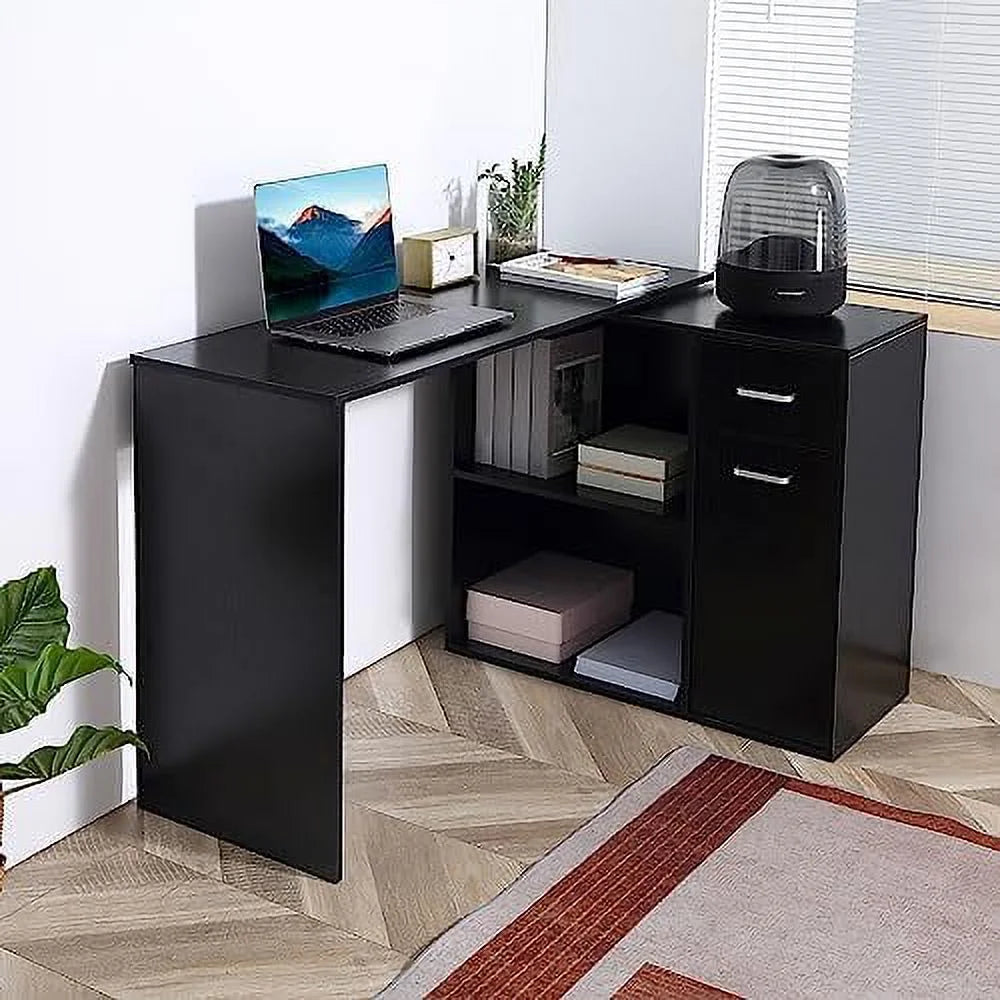 L Shaped Computer Desk with Shelves Drawer and Cabinet White M30665